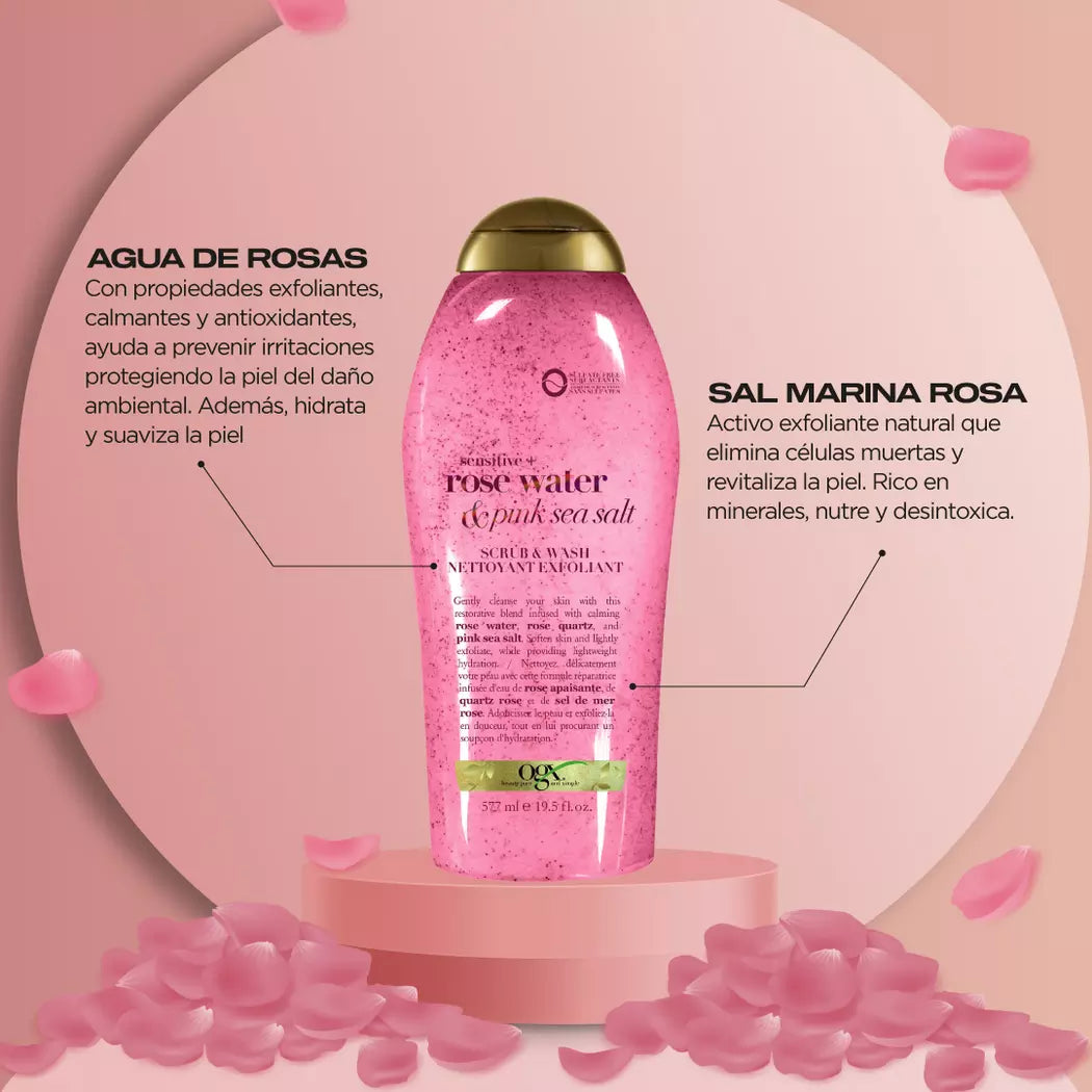 Gel de ducha Ogx exfoliante rose water & pink sea salt 577 ml